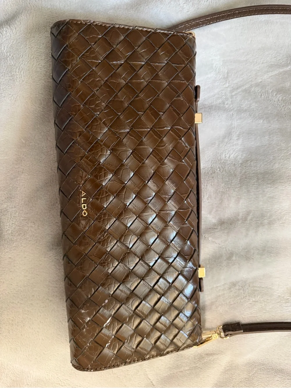 Aldo Brown Woven Leather Clutch with Gold-Tone Turn Lock
